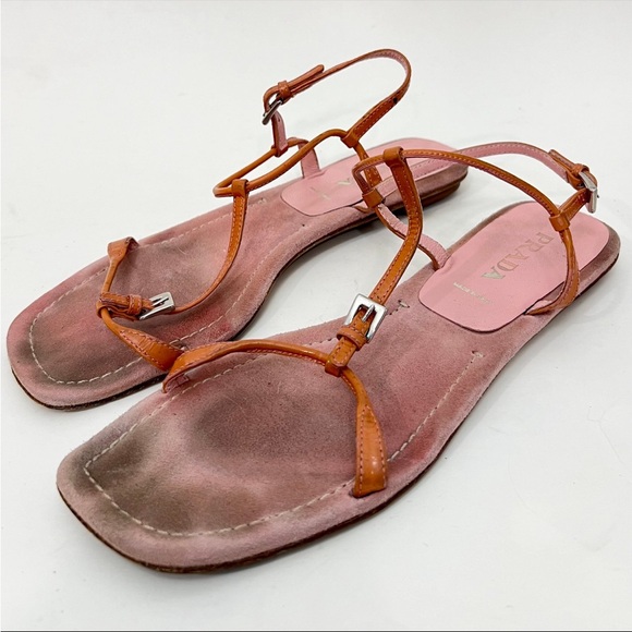 Prada Strappy Orange Leather Flat Sandals Womens 38 US 8 Square Toe - Picture 1 of 7